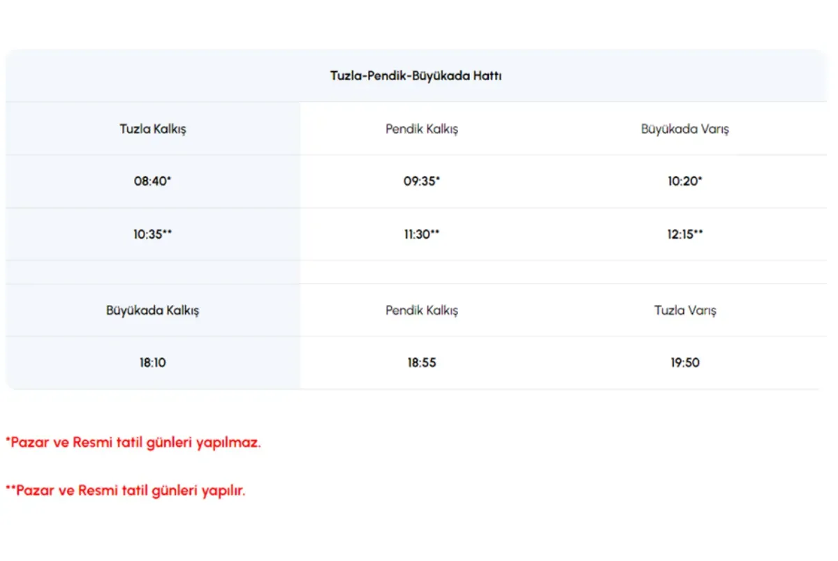 Tuzla-Pendik-Büyükada Sefer Saatleri